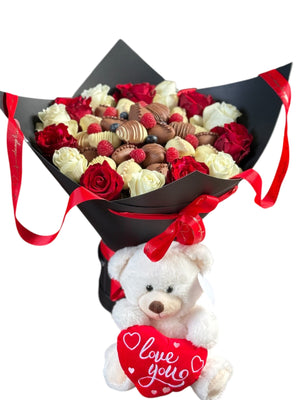 SWEET FLORAL DEVOTION - STRAWBERRY HEAVEN BOUQUET Chocolate-Dipped Berries Bunchilicious 