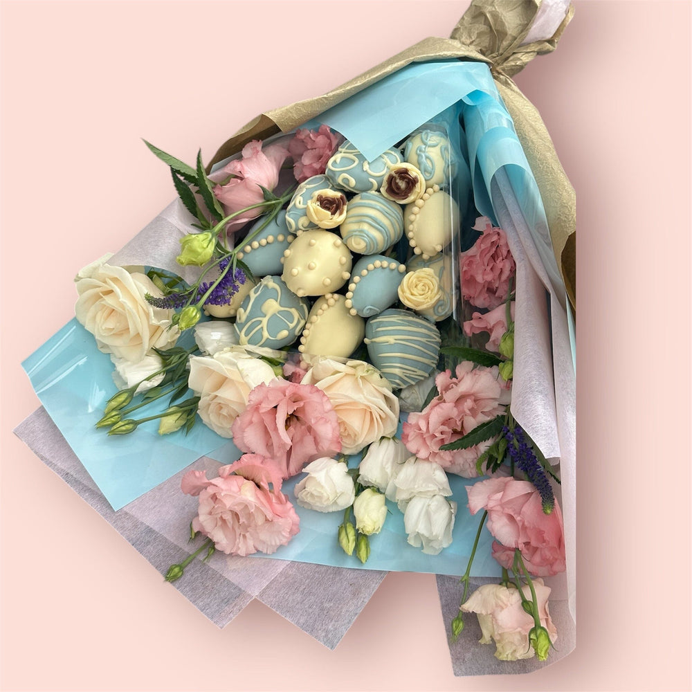 Pastel Pink Chocolate Strawberry & Flower Bouquet Chocolate-Dipped Berries Bunchilicious 12 strawberries dipped in Blue & White chocolate 