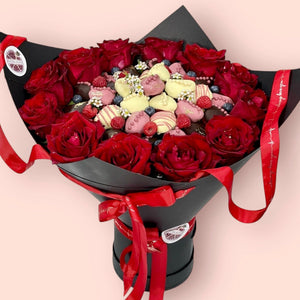 FLORAL DEVOTION - STRAWBERRY HEAVEN BOUQUET Chocolate-Dipped Berries Bunchilicious Dark ,White & Ruby Red Belgium Chocolate with Fresh Red Roses 