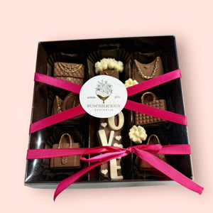 Luxury Chocolate Gift Box  with Love bar, Belgian chocolate handbags and satin ribbon- Bunchilicious Australia