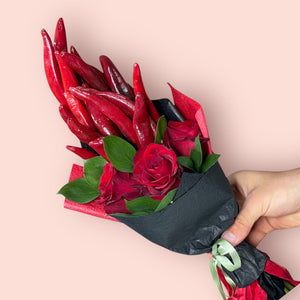HOT RED CHILLI BOUQUET Veggie Bunchilicious Medium With Fresh Roses 