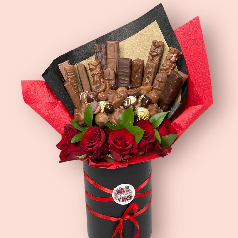 CHOCOLATE AND FLORALS - CHOCOLATE BOUQUET Chocolate Bunchilicious Large In a Hat box 