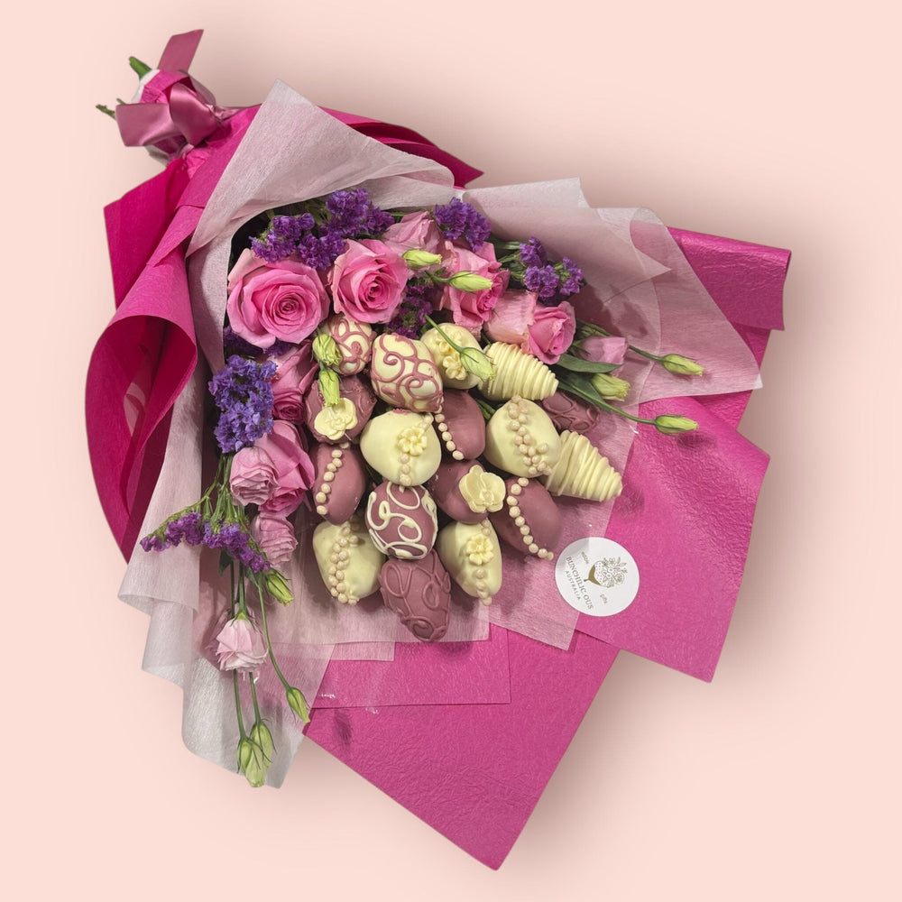 Pastel Pink Chocolate Strawberry & Flower Bouquet Chocolate-Dipped Berries Bunchilicious 16 strawberries dipped in Ruby Red & White Chocolate 