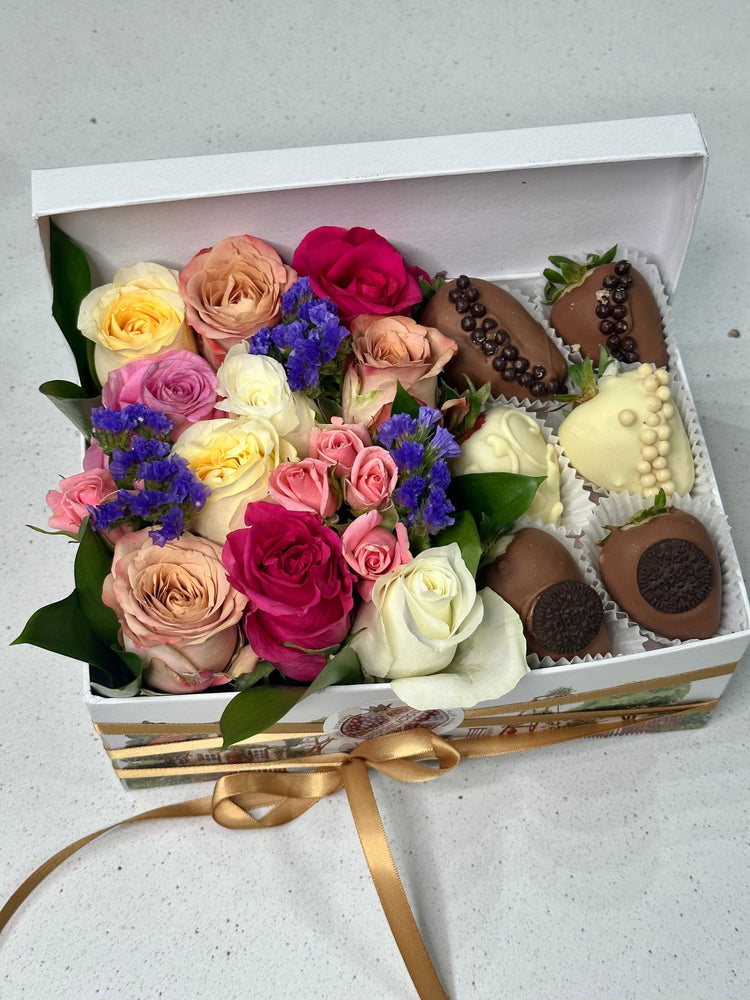 MACAROONS , CHOCOLATES & BLOOMS GIFT BOX Gift Box Bunchilicious Chocolate dipped 6 strawberries & fresh flowers Gift Box 