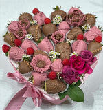 PRETTY IN PINK - strawberries dipped in chocolate Chocolate-Dipped Berries Bunchilicious Large size -12 inches heart with fresh & chocolate flowers 