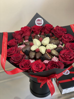 SWEET FLORAL DEVOTION - STRAWBERRY HEAVEN BOUQUET Chocolate-Dipped Berries Bunchilicious Dark ,White $ Ruby Red The Fines Chocolate with Fresh Red Roses 