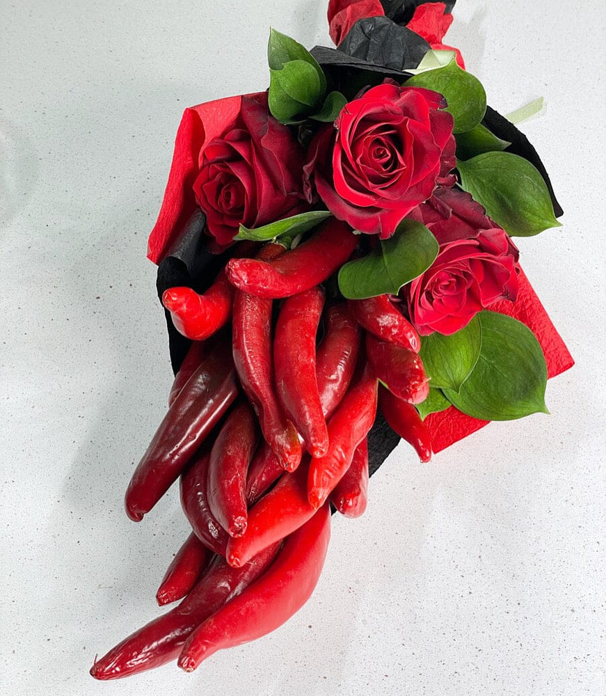 HOT RED CHILLI BOUQUET Veggie Bunchilicious Medium With Fresh Strawberries & Roses 
